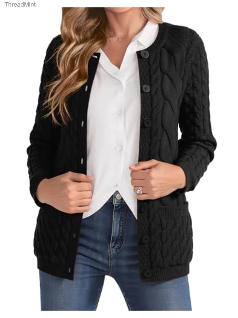 Cable Knit Button Up Cardigan Sweater with Pockets Crew Neck Fall Winter